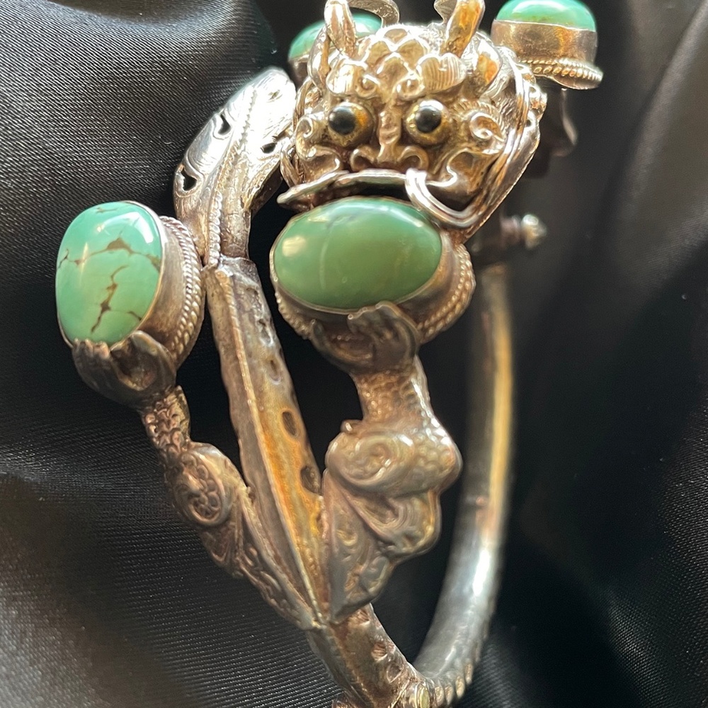 Gorgeous Tibetan Silver & Turquoise Hinged Dragon Bracelet